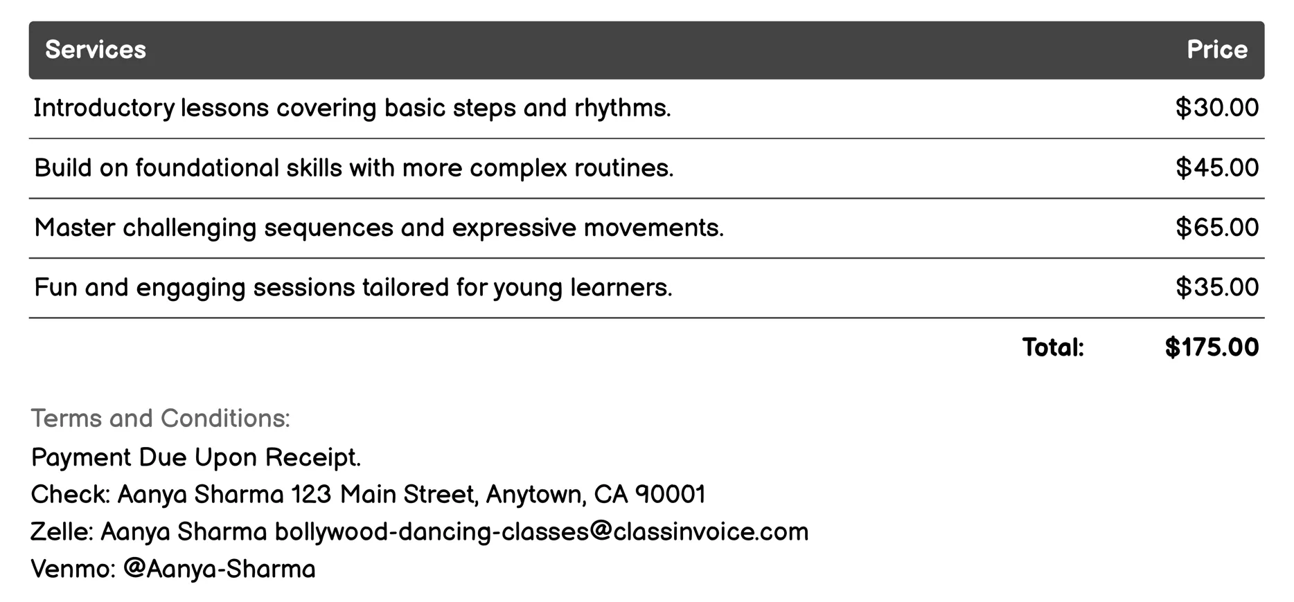 Online Bollywood Dance Tutorials Invoice Example