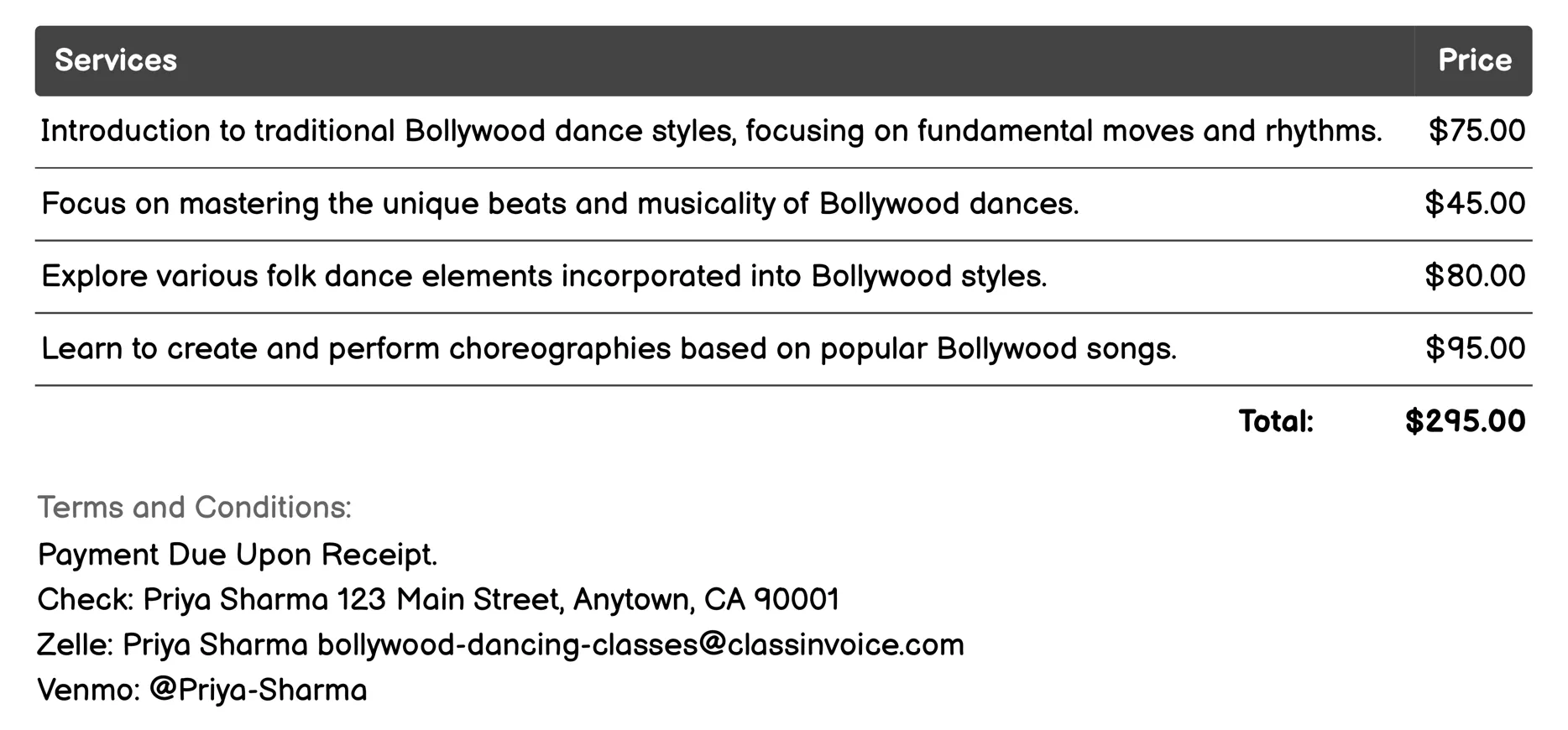 Traditional Bollywood Dance Styles Invoice Example