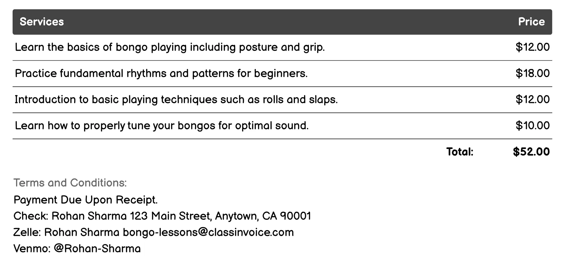 Beginner Bongo Lessons Invoice Example