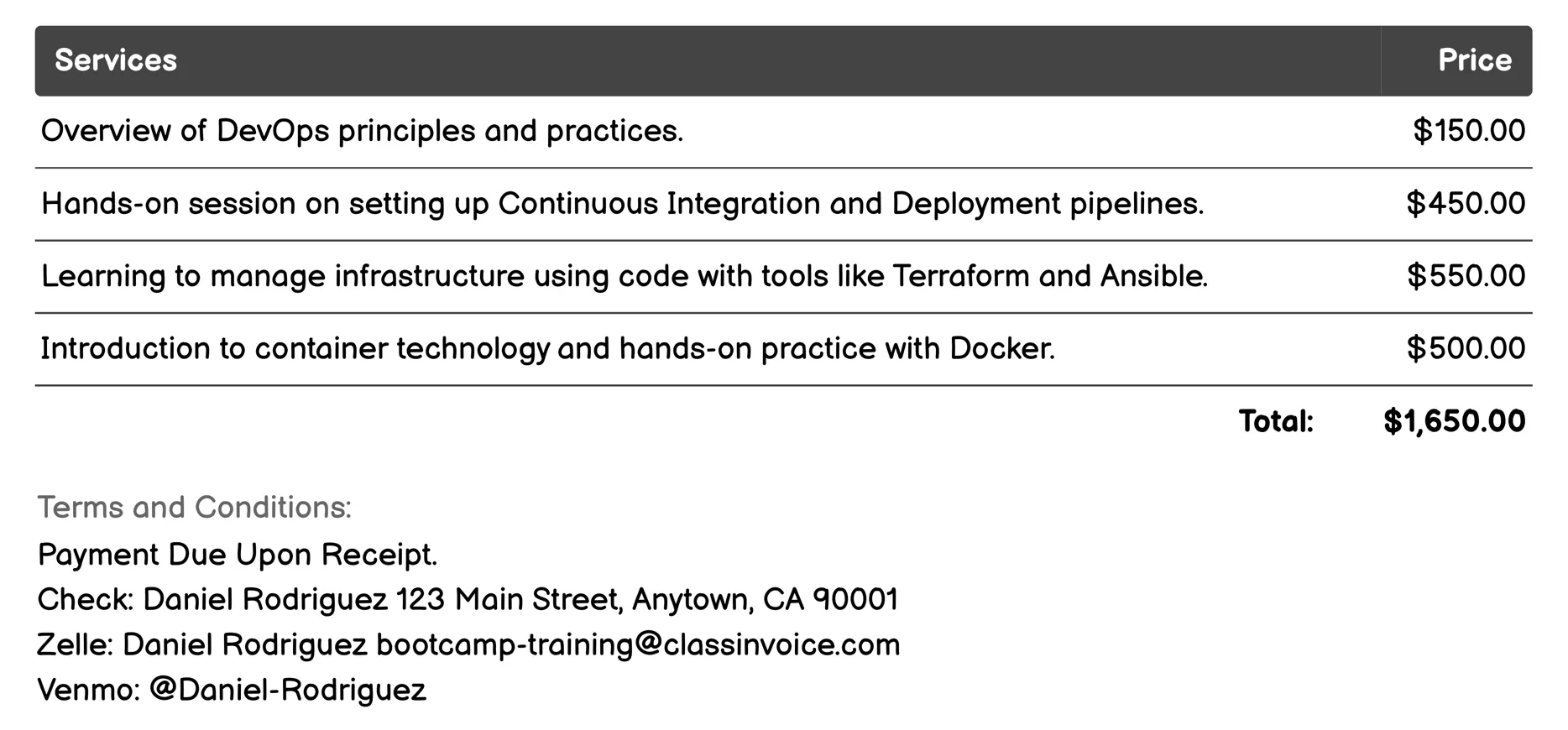 DevOps Bootcamps Invoice Example