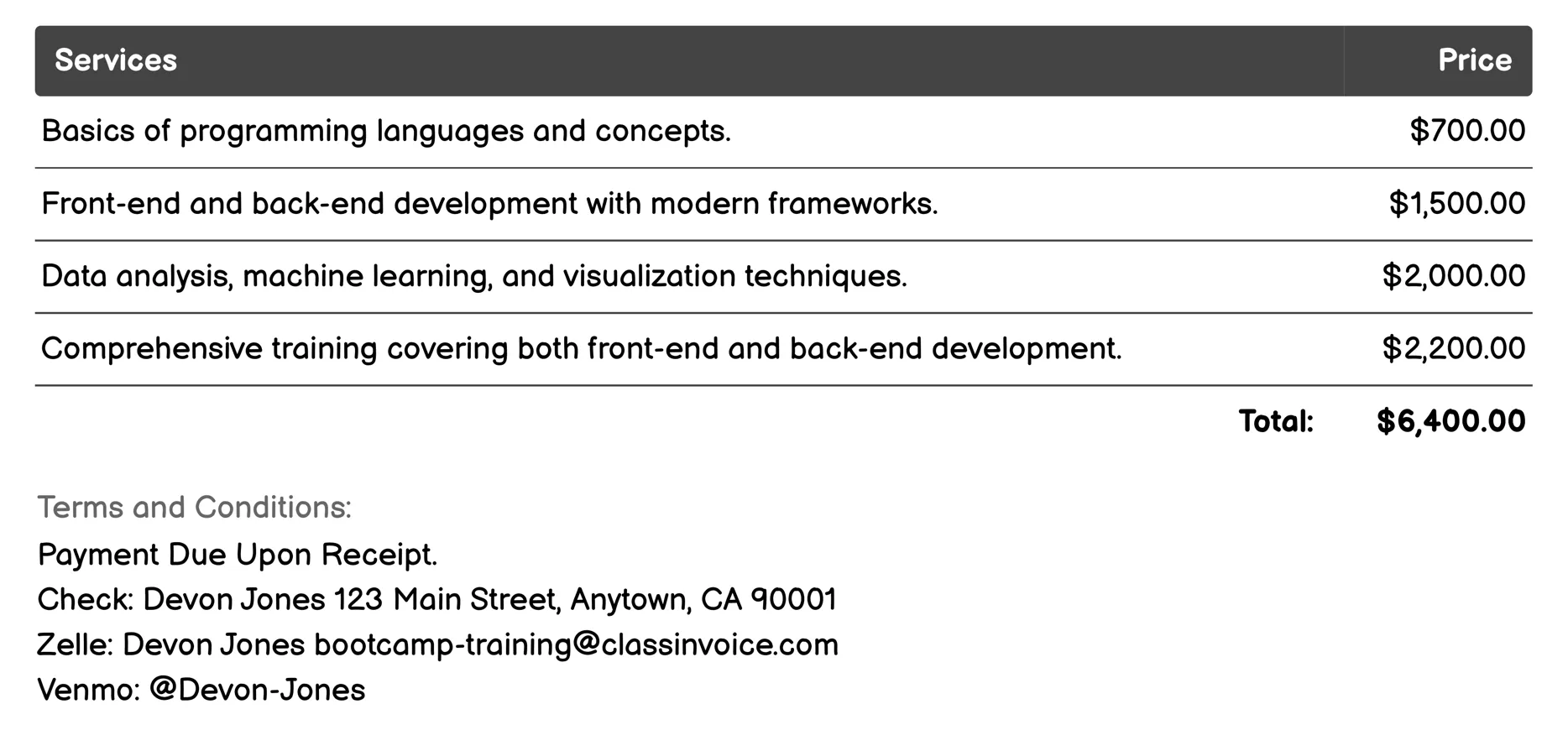 Programming Bootcamps Invoice Example