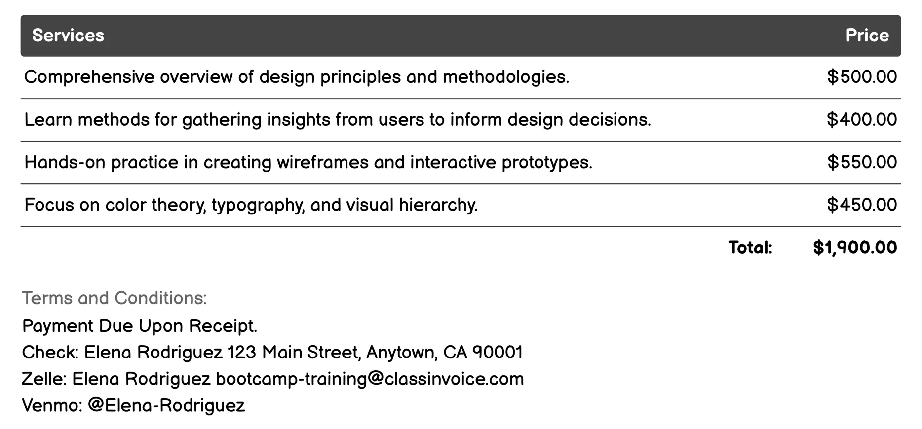 UX/UI Design Bootcamps Invoice Example