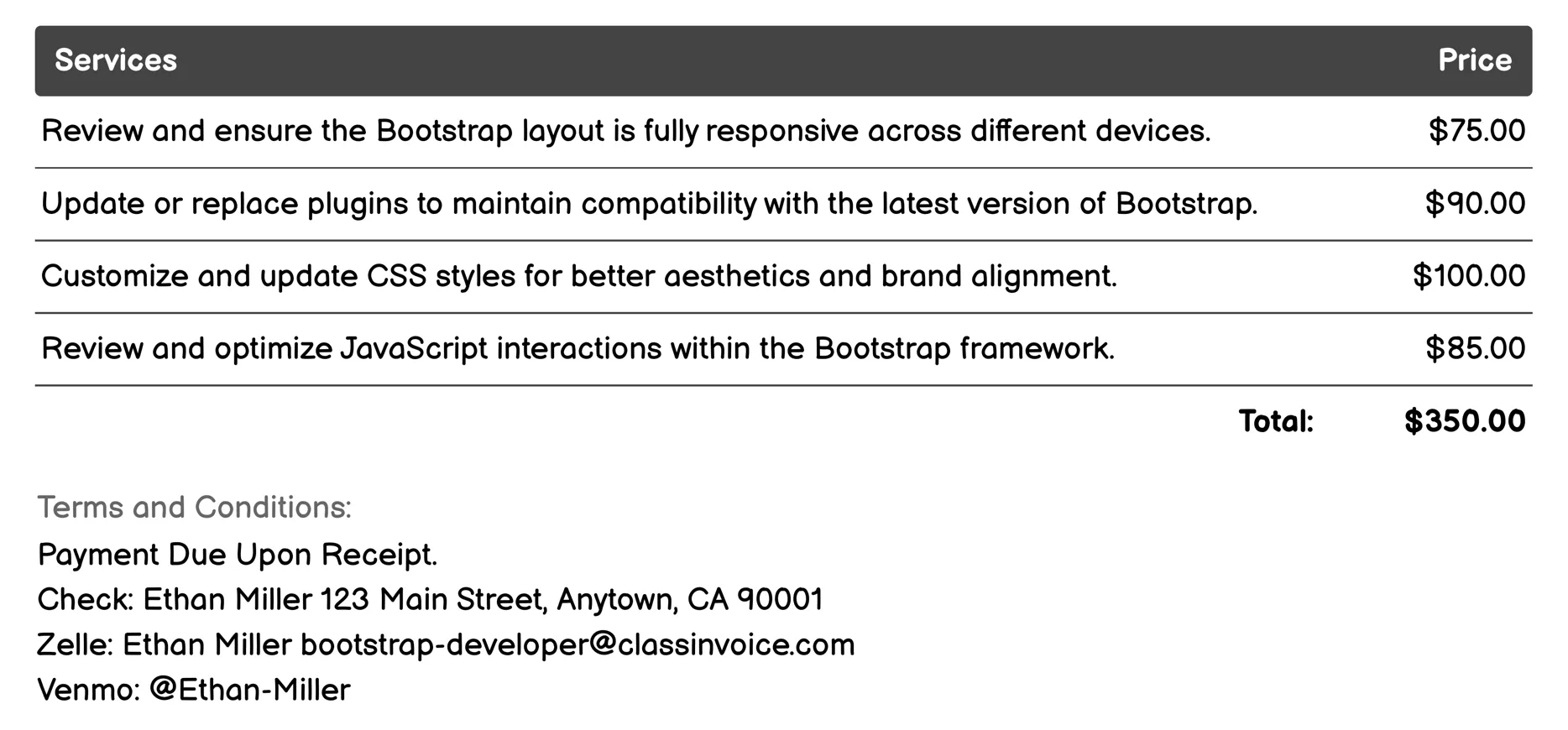 Maintenance and Updates Invoice Example