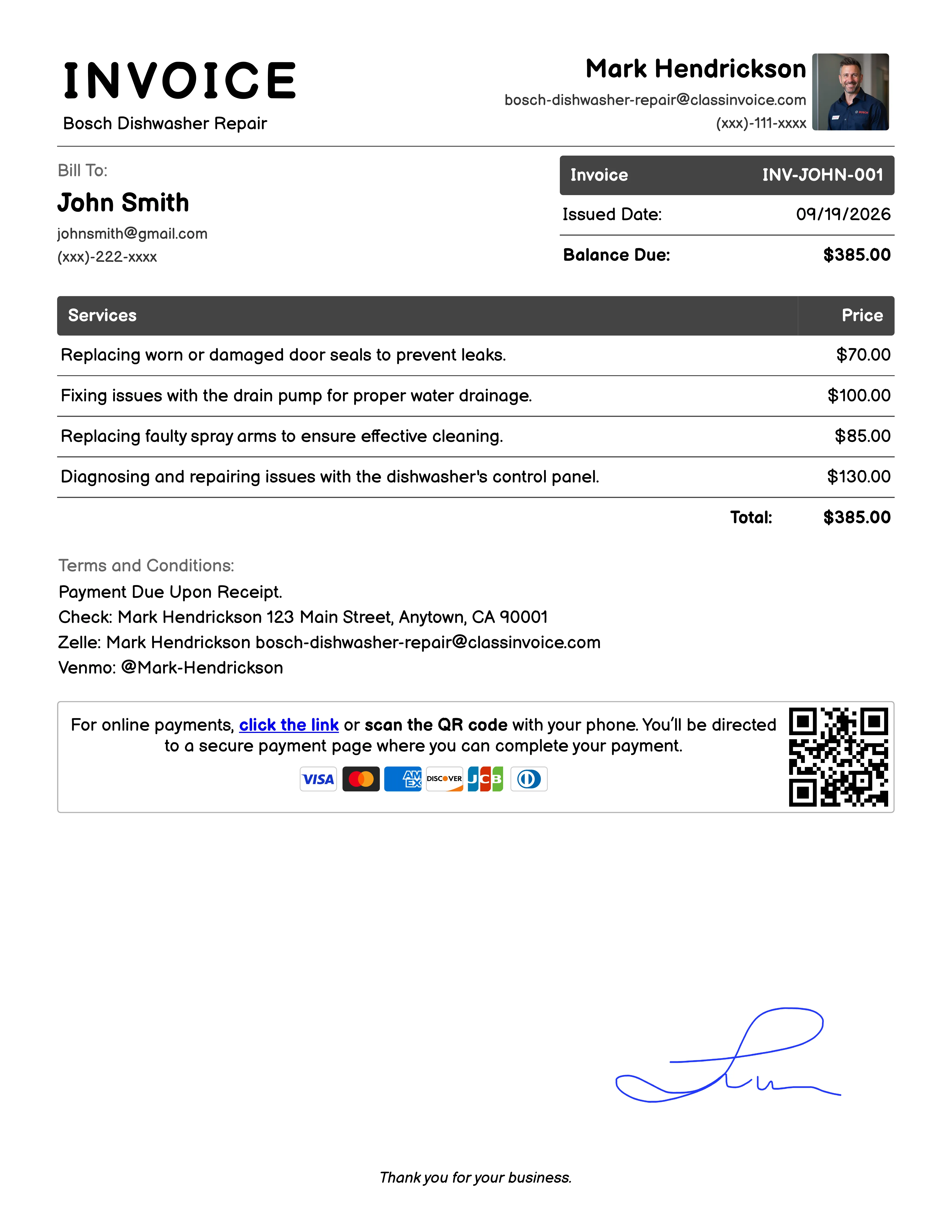Bosch Dishwasher Repair Invoice Example
