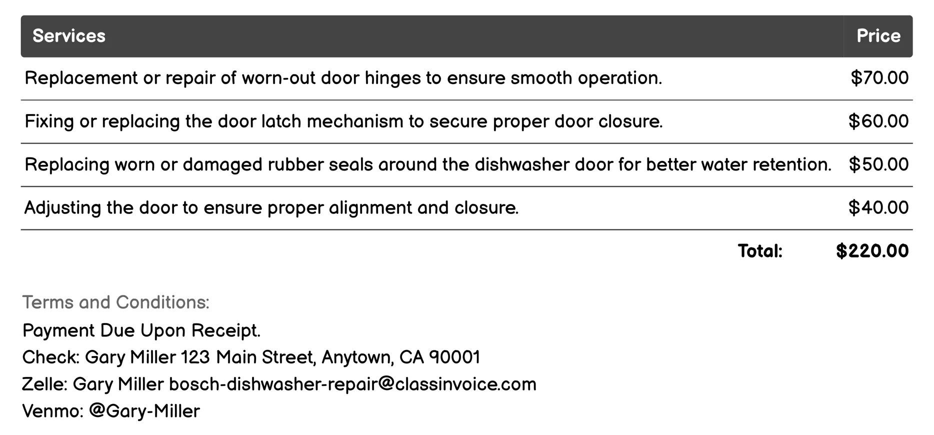 Door and Seal Repair Invoice Example