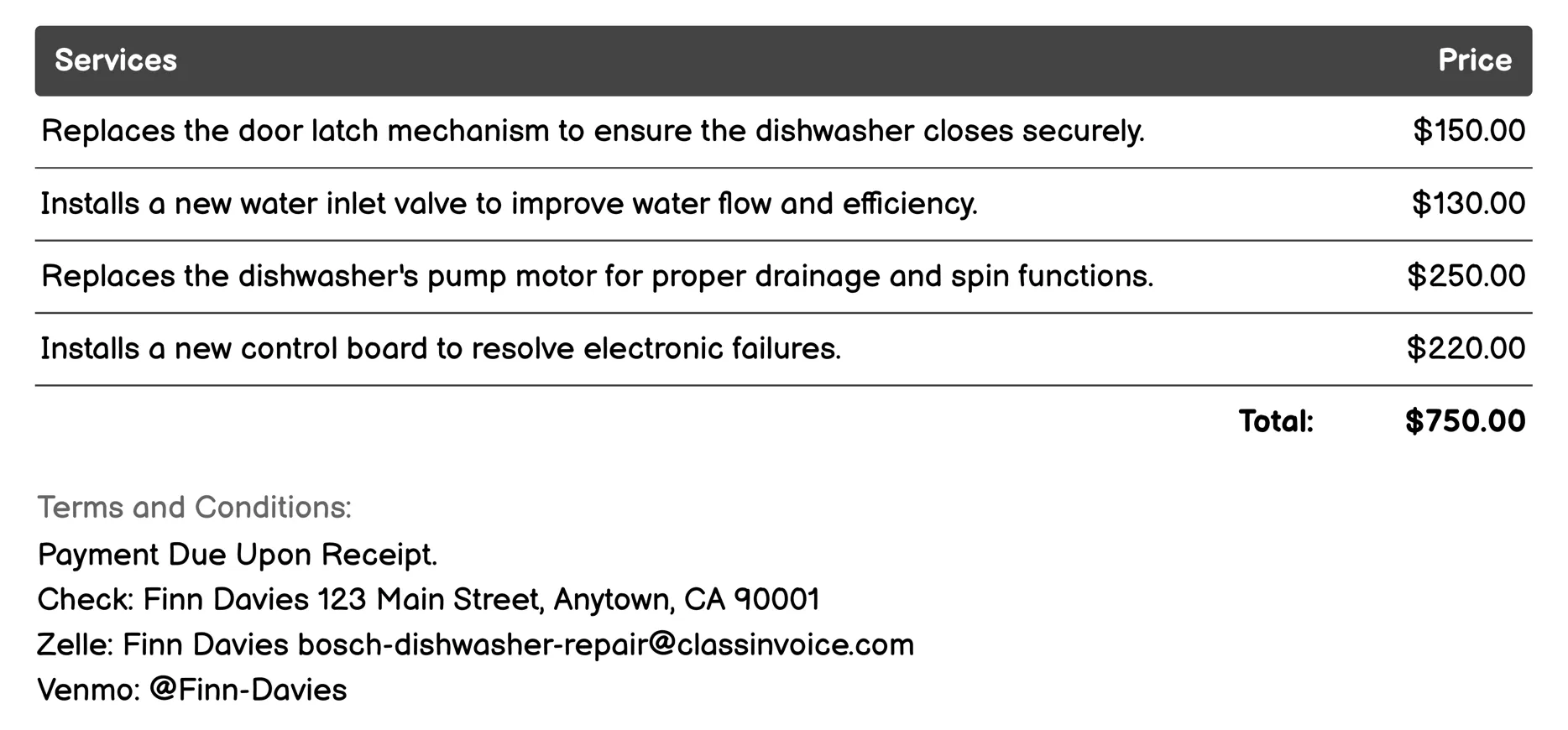 Part Replacement Invoice Example