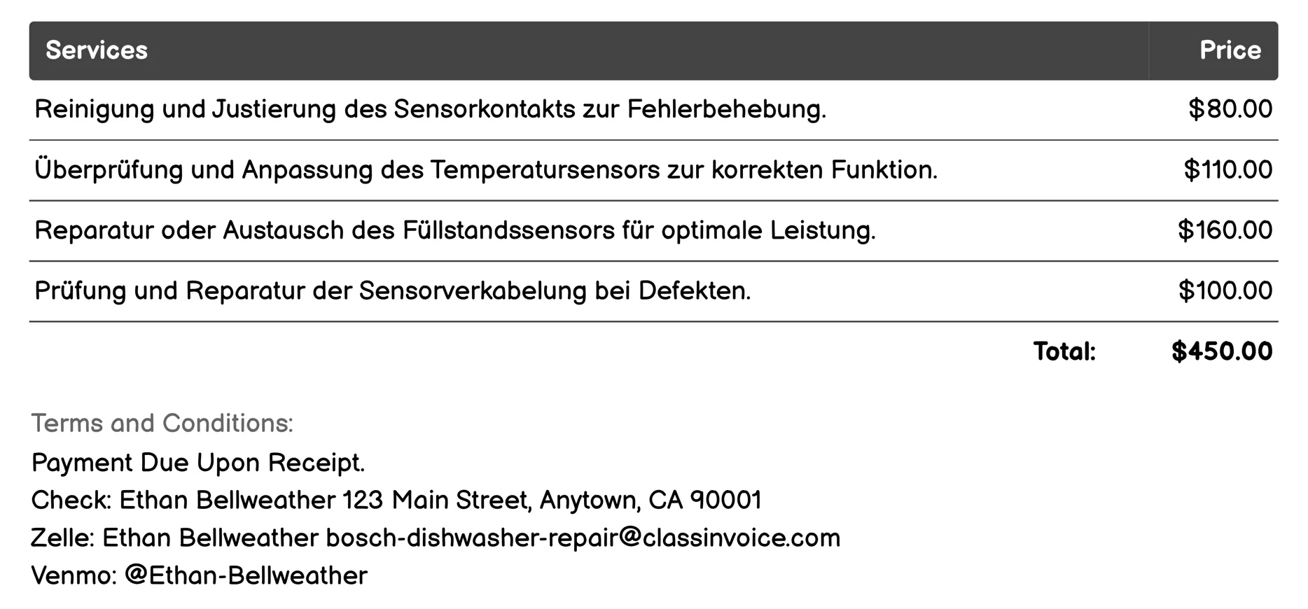 Sensor Adjustment or Repair Invoice Example