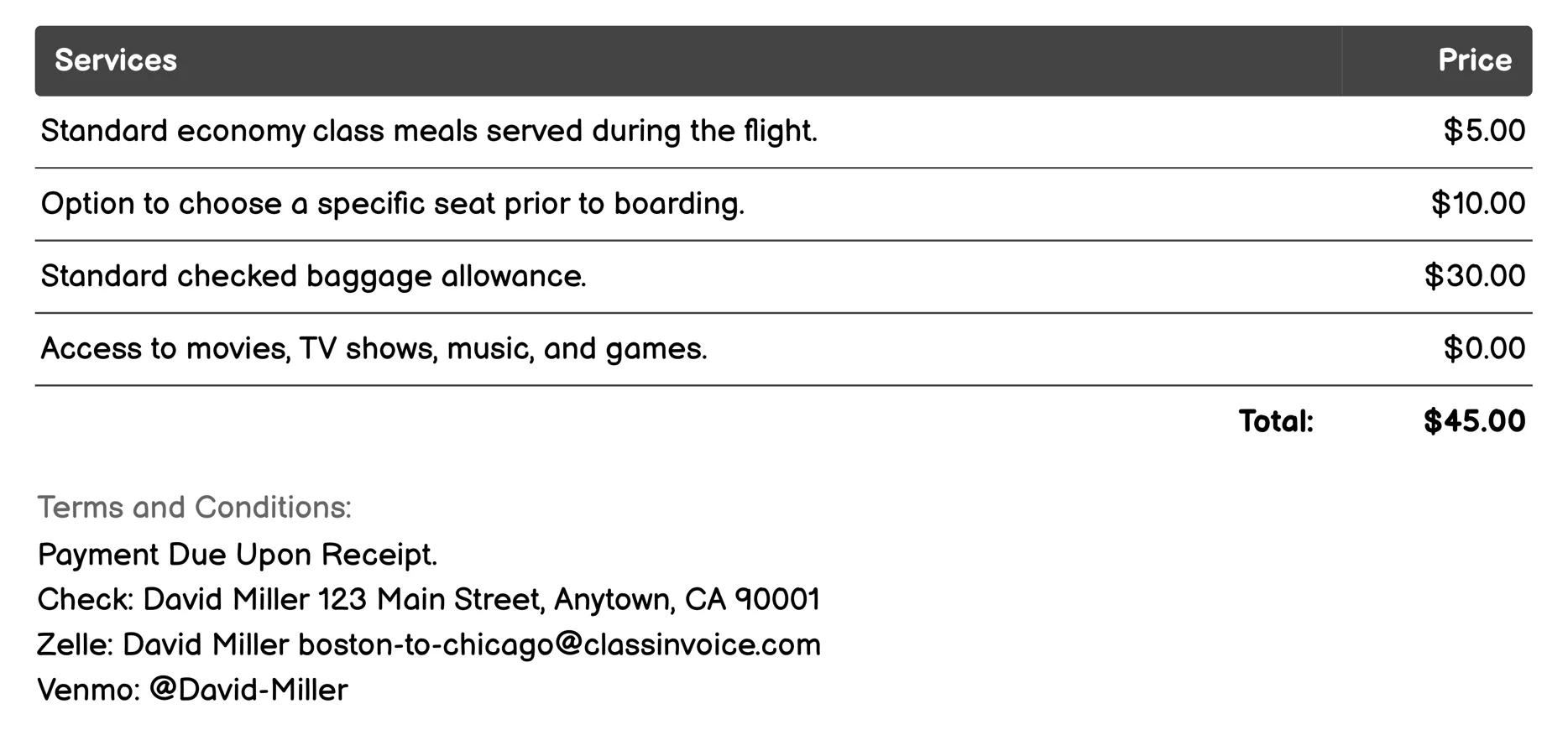 Economy Class Invoice Example