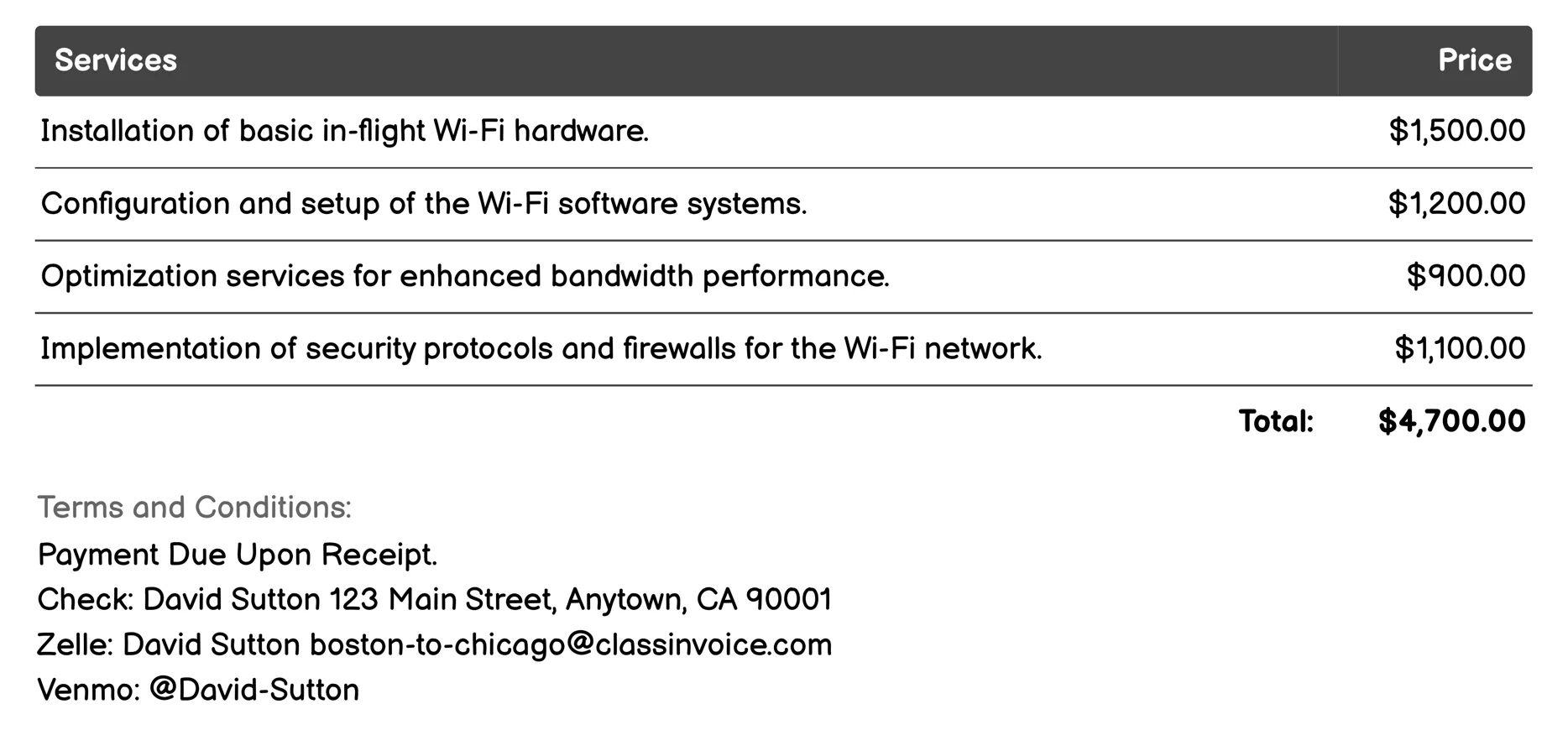 In-flight Wi-Fi Invoice Example