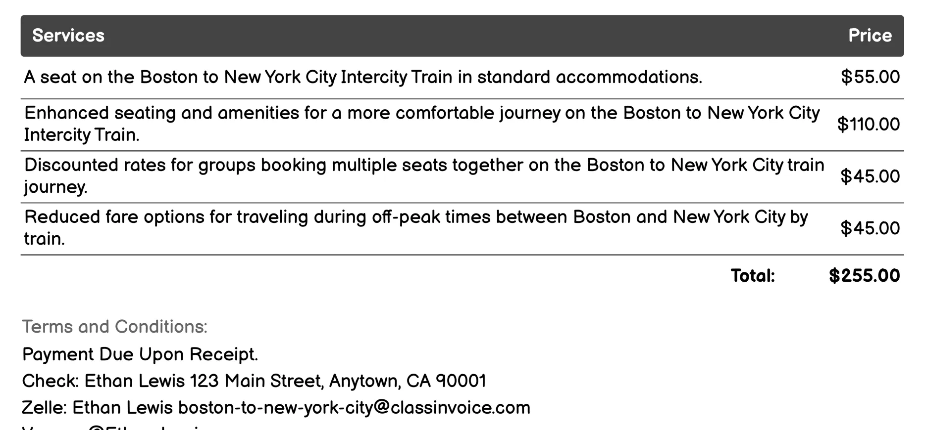 Intercity Train Invoice Example