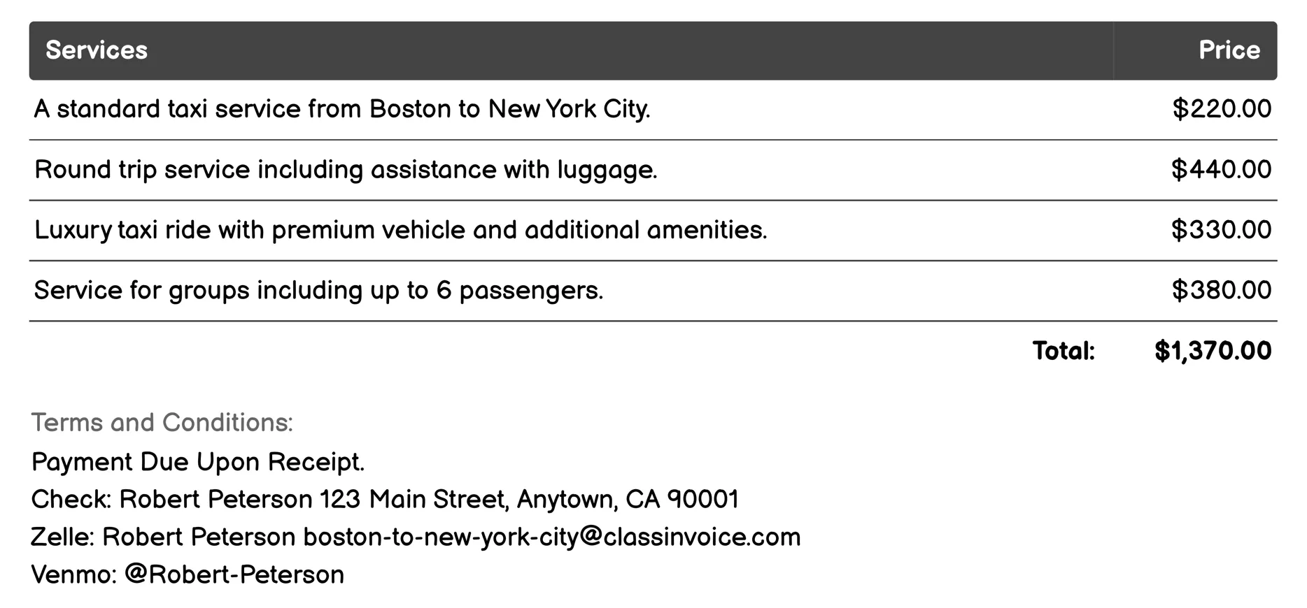 Taxi Service Invoice Example