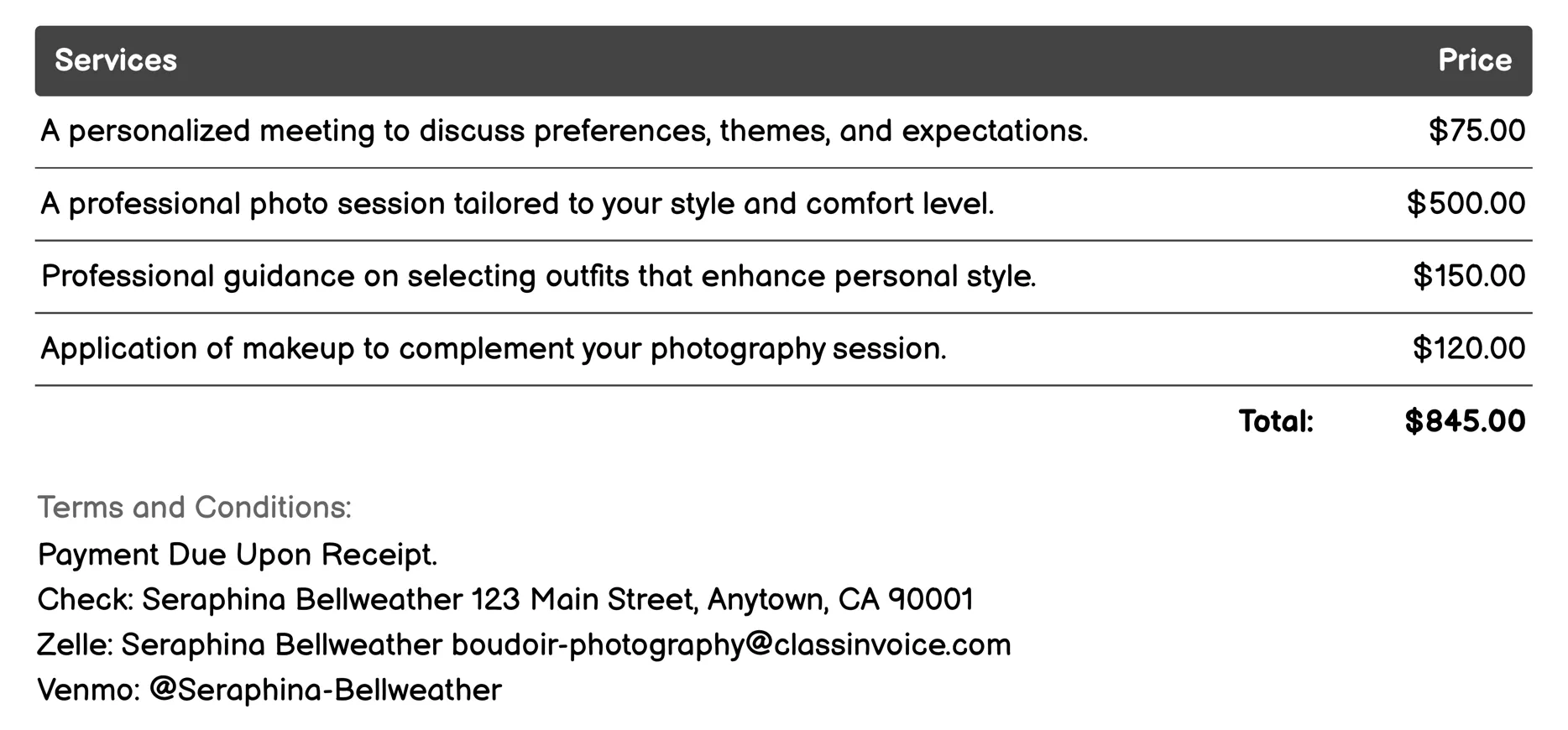 Customized Personal Style Boudoir Invoice Example