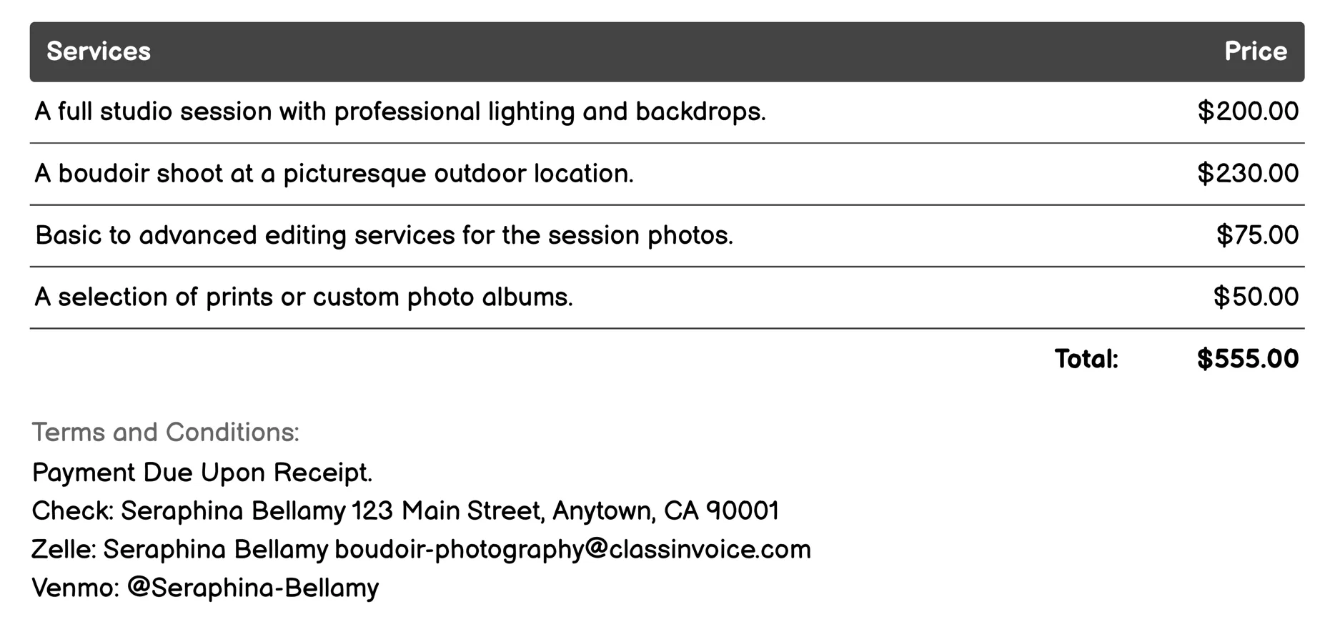 Nude or Semi-Nude Boudoir Invoice Example