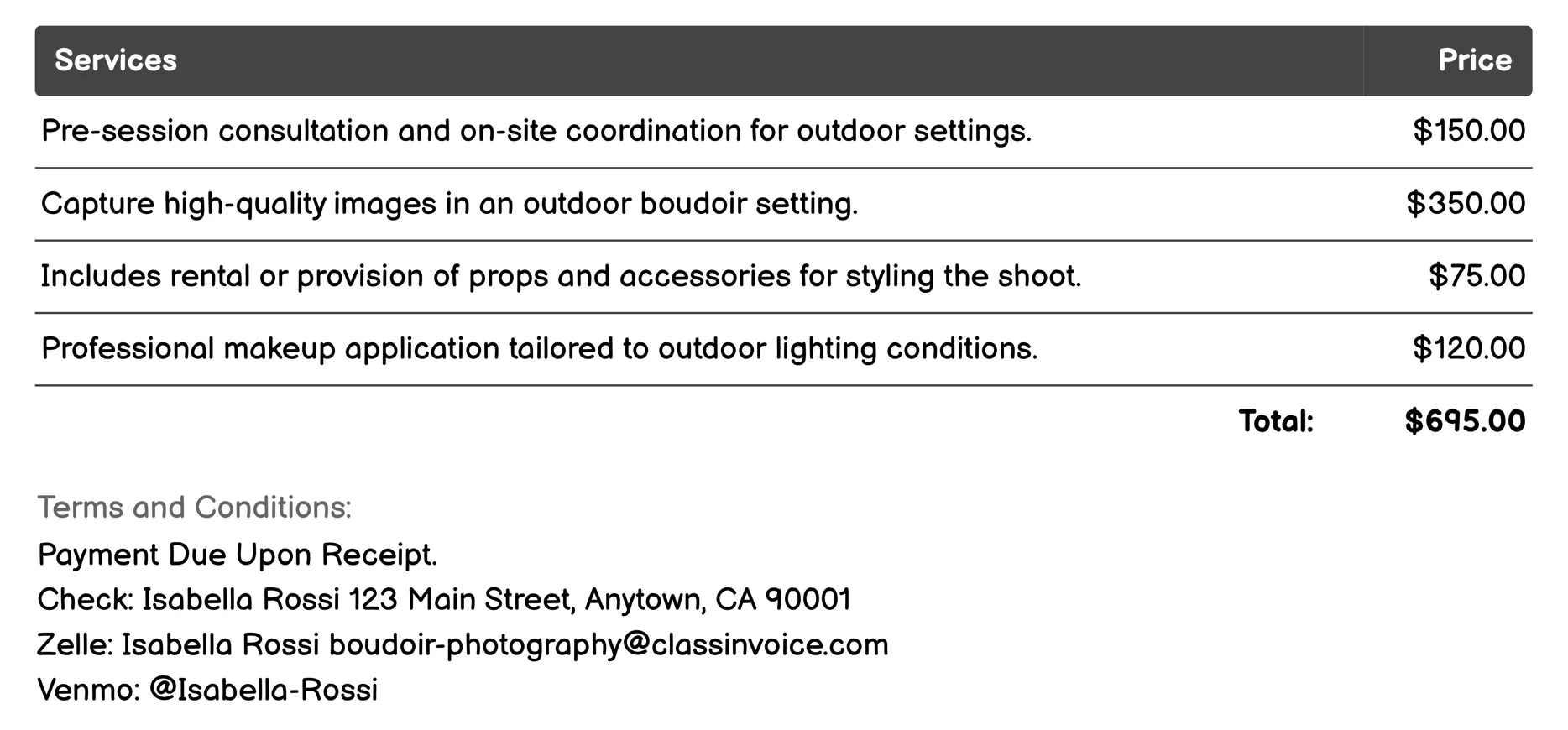 Outdoor Boudoir Invoice Example