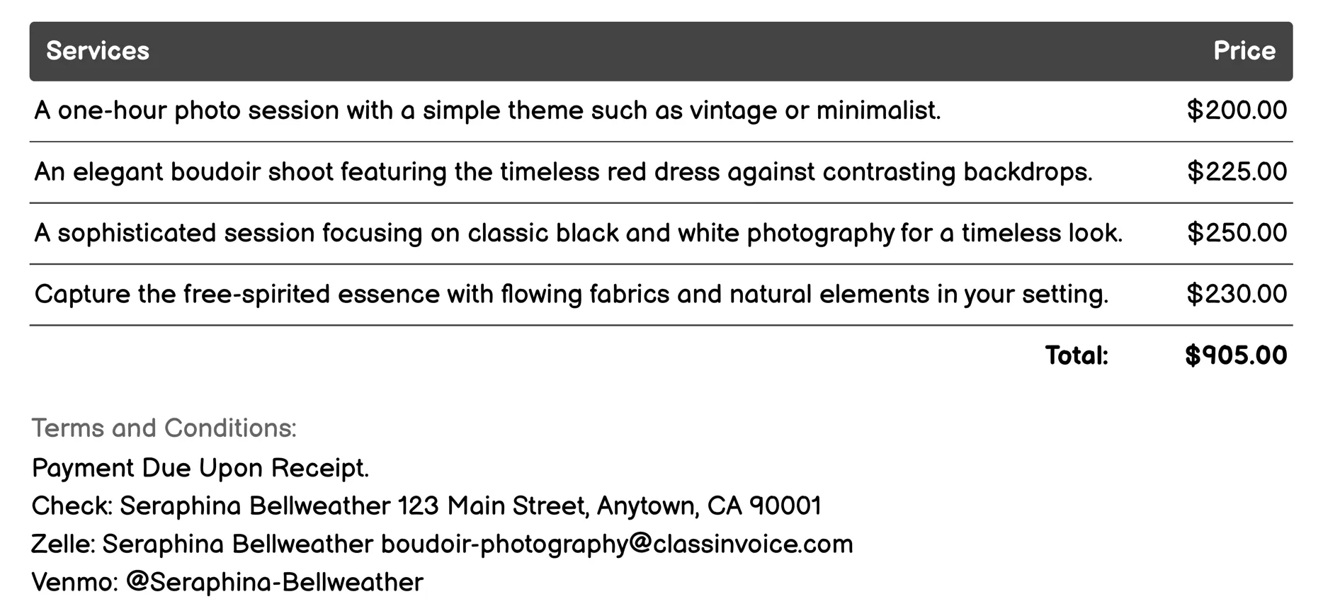 Themed Boudoir Invoice Example