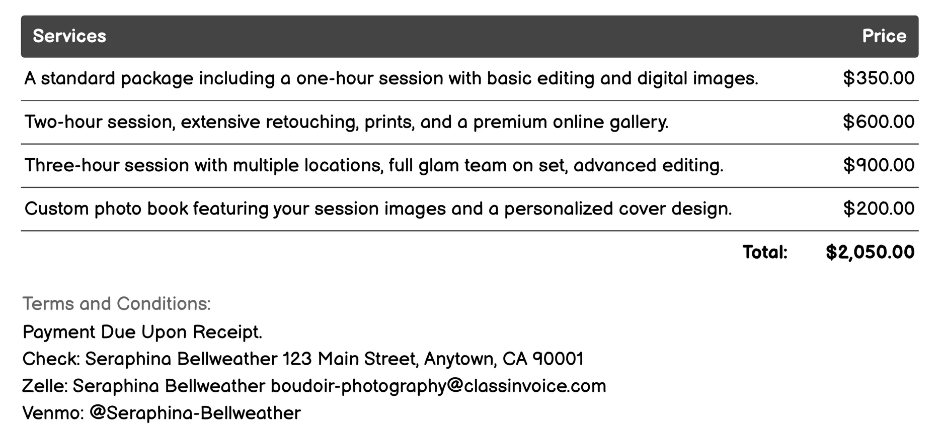 Whimsical Boudoir Invoice Example