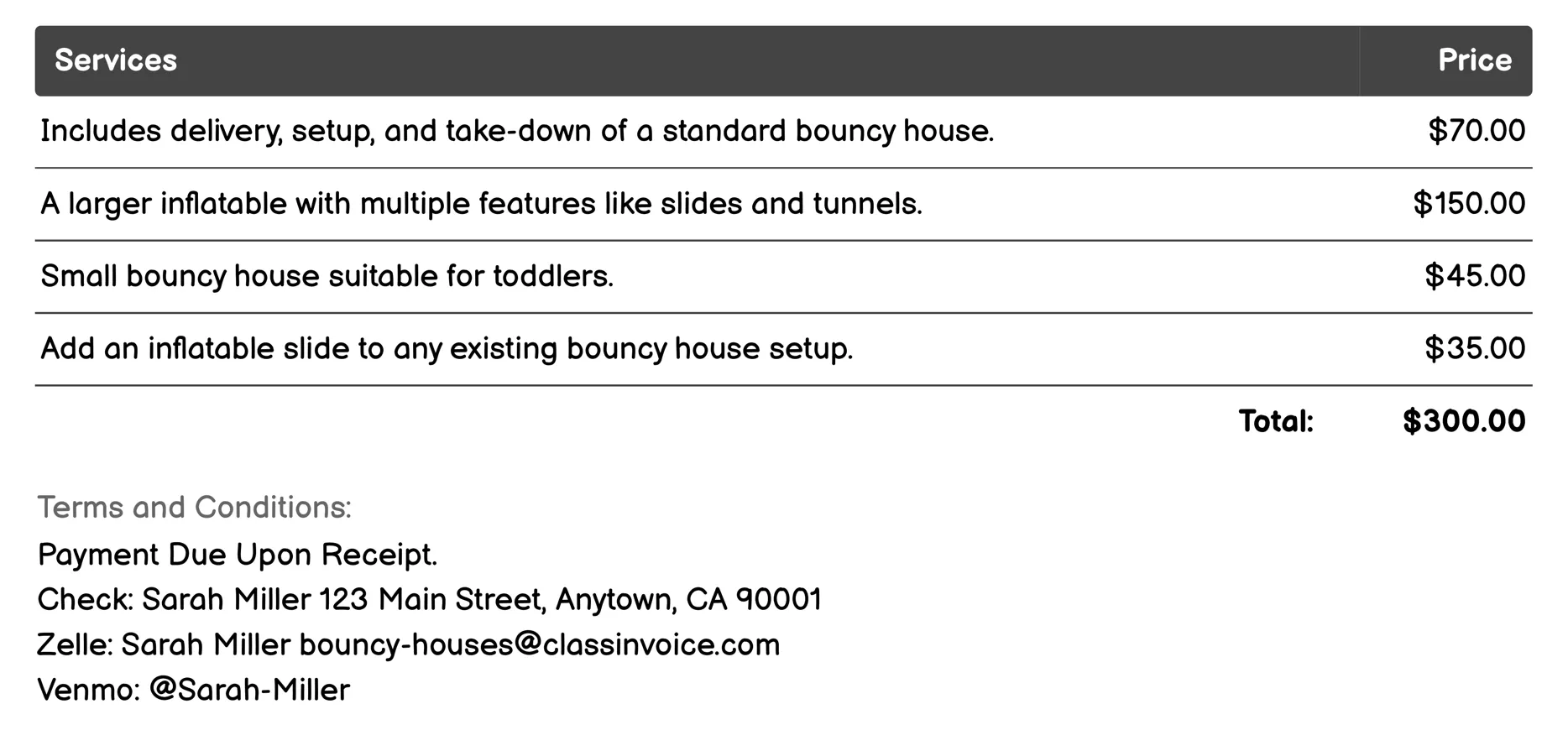 Mobile Party Service Invoice Example