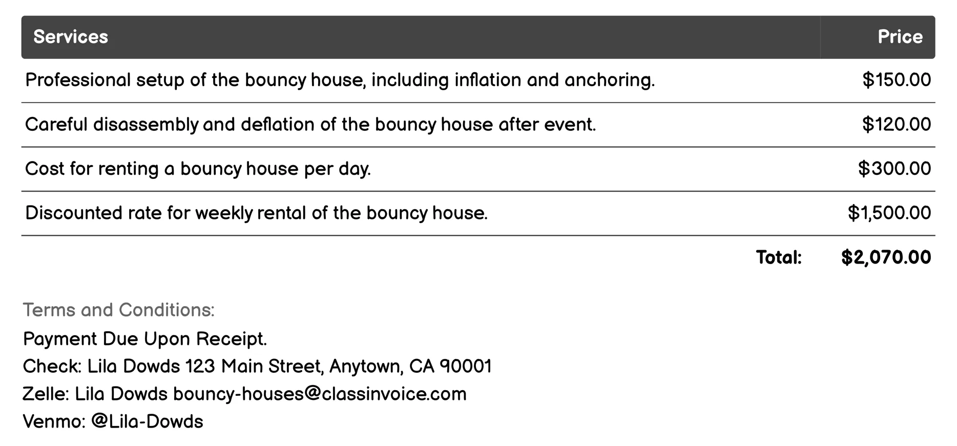 Seasonal Rentals Invoice Example