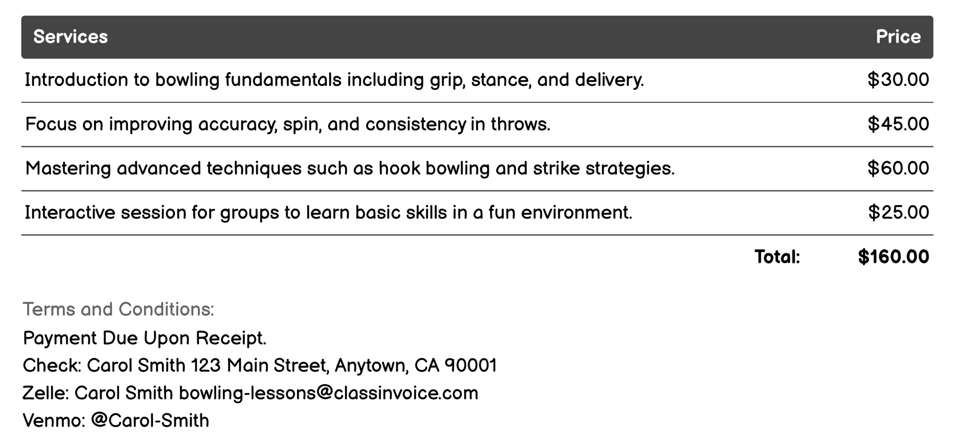 Bowling Workshops Invoice Example