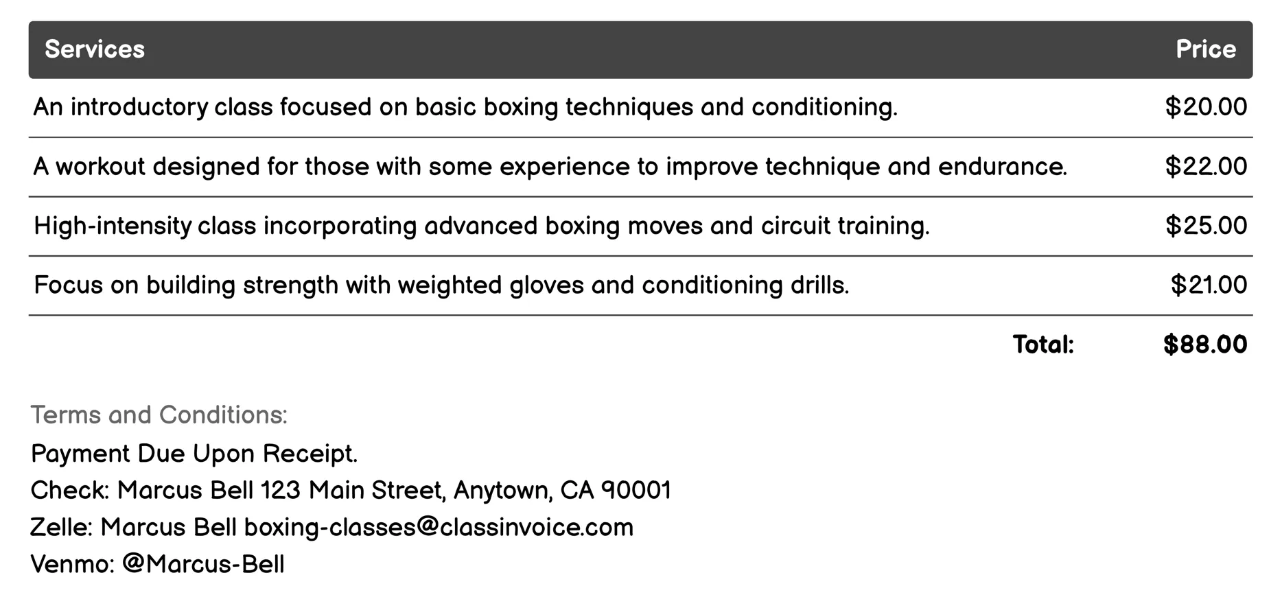 Group Classes Invoice Example