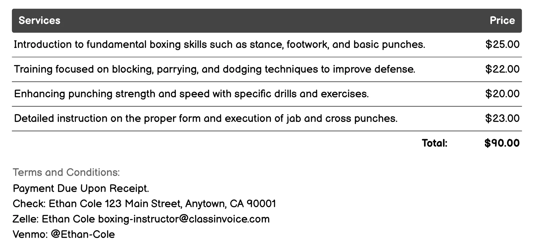 Beginner Boxing Classes Invoice Example