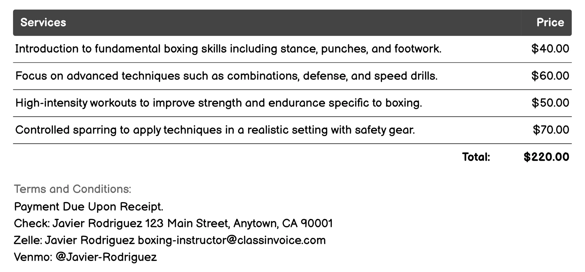 Boxing Clinics Invoice Example