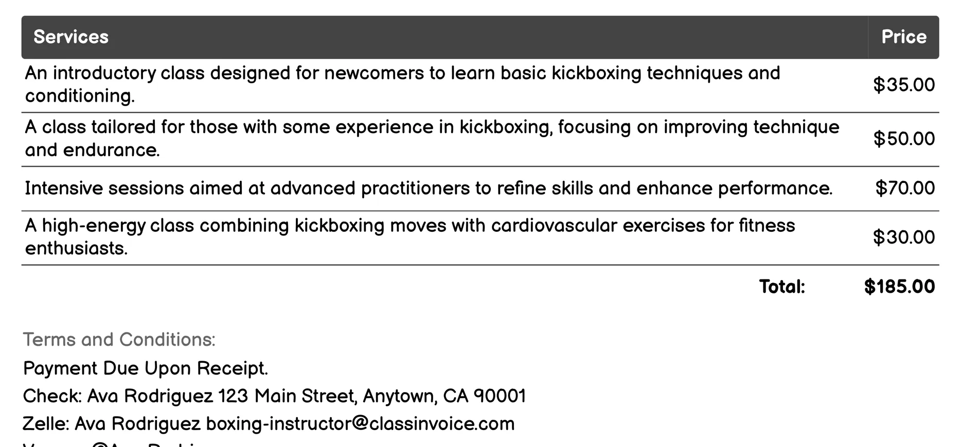 Kickboxing Classes Invoice Example