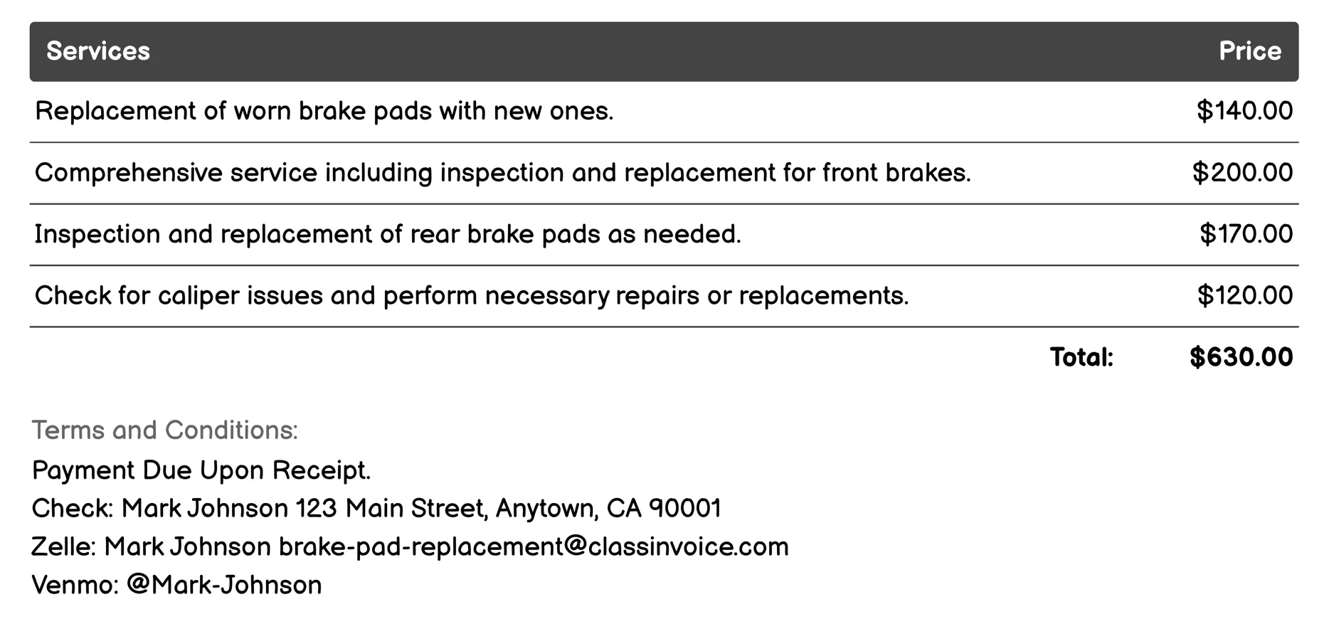 Brake Pad Replacement with Alignment Check Invoice Example