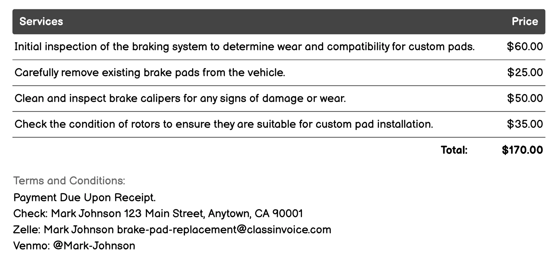Custom Brake Pad Replacement Invoice Example