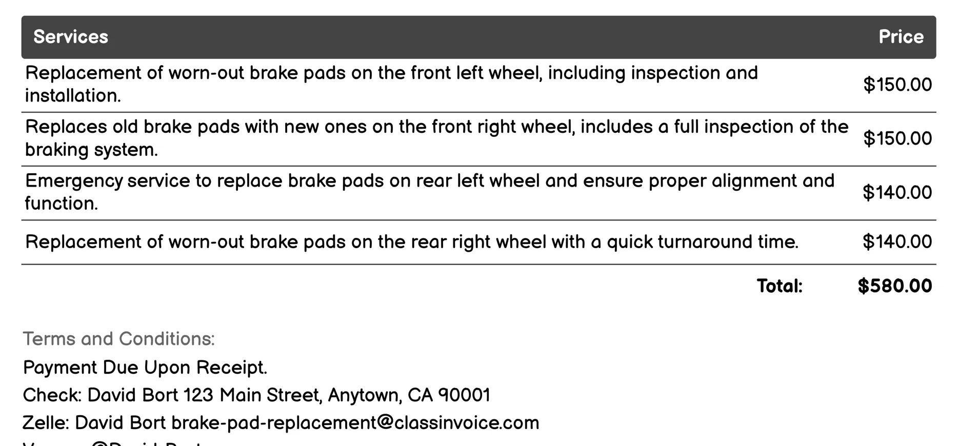 Emergency Brake Pad Replacement Invoice Example