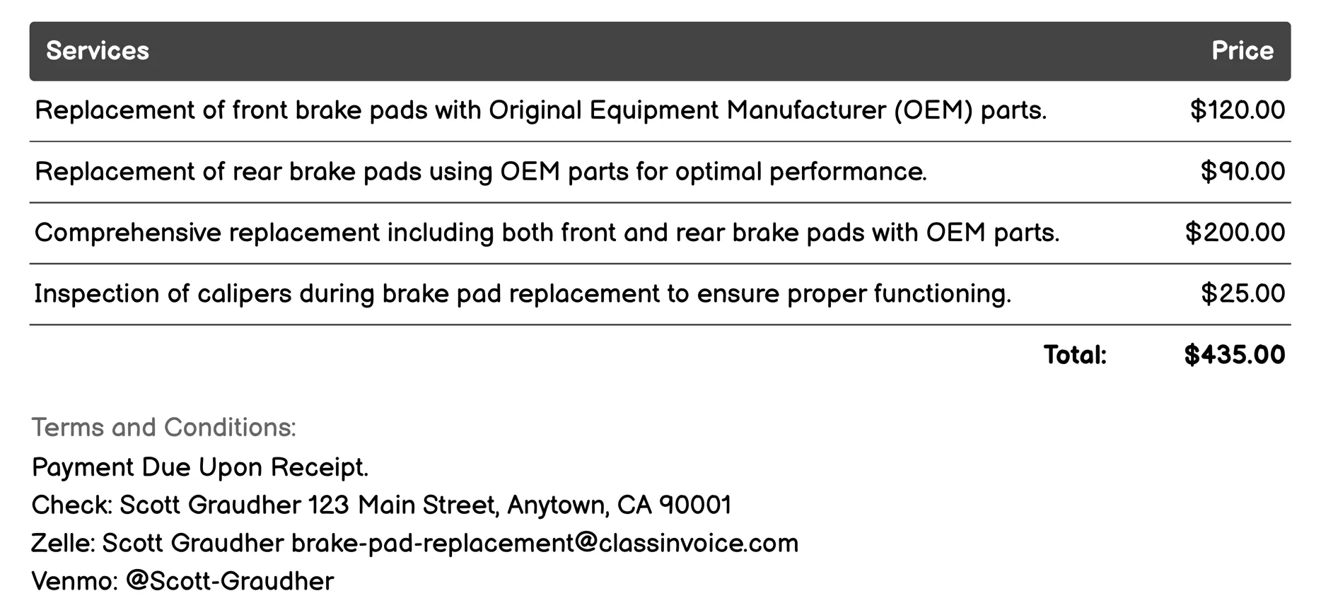 OEM Brake Pad Replacement Invoice Example