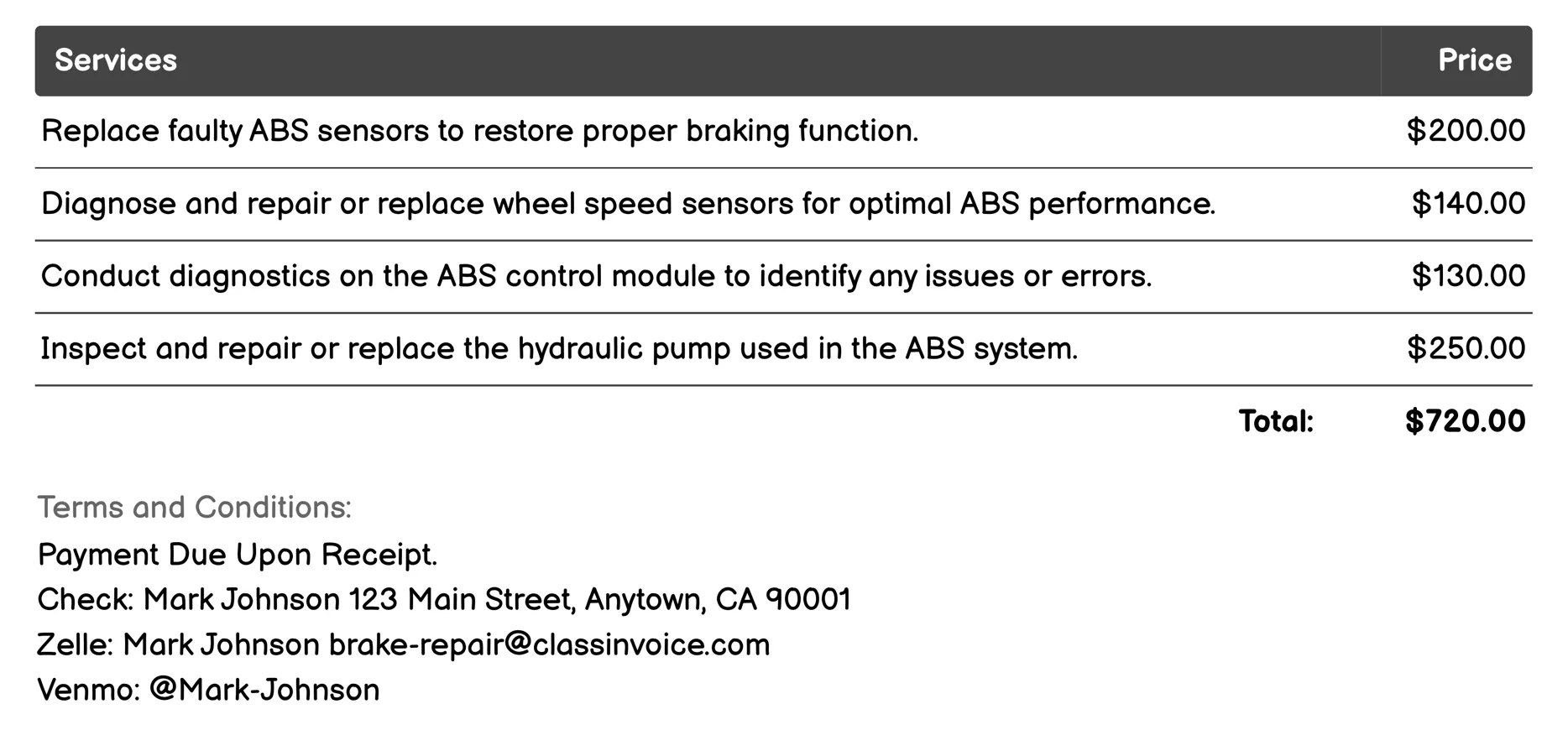 Anti-lock Brake System (ABS) Repair Invoice Example