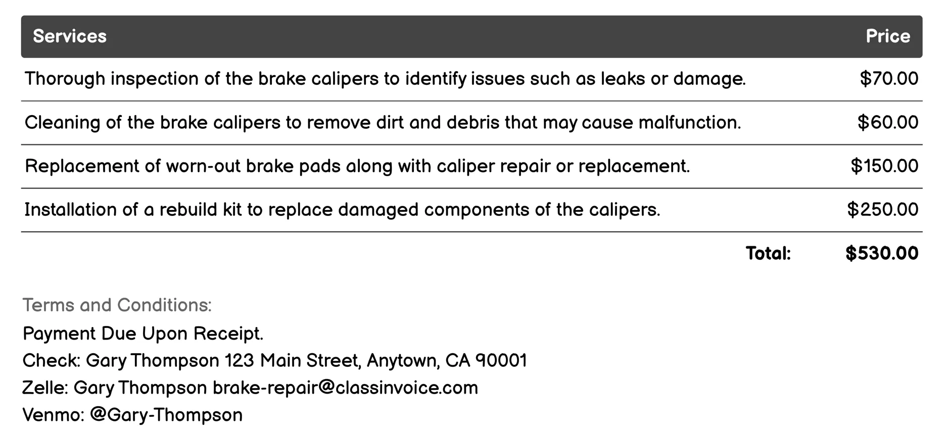 Brake Caliper Repair or Replacement Invoice Example