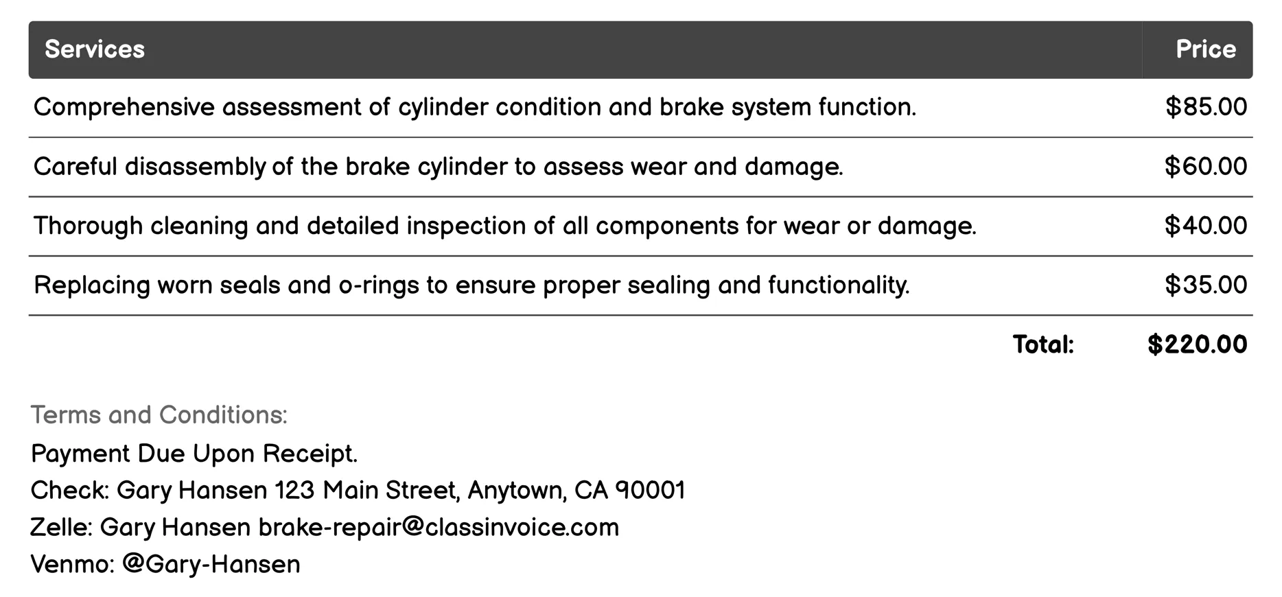 Cylinder Rebuild or Replacement Invoice Example