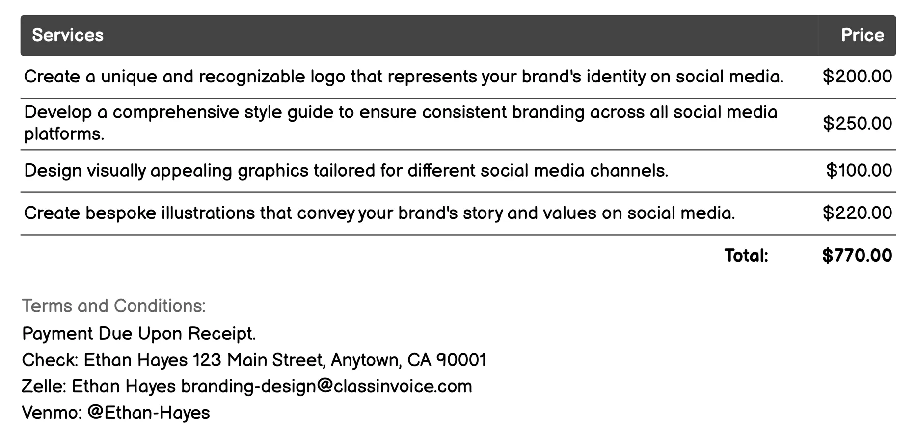Social Media Branding Invoice Example