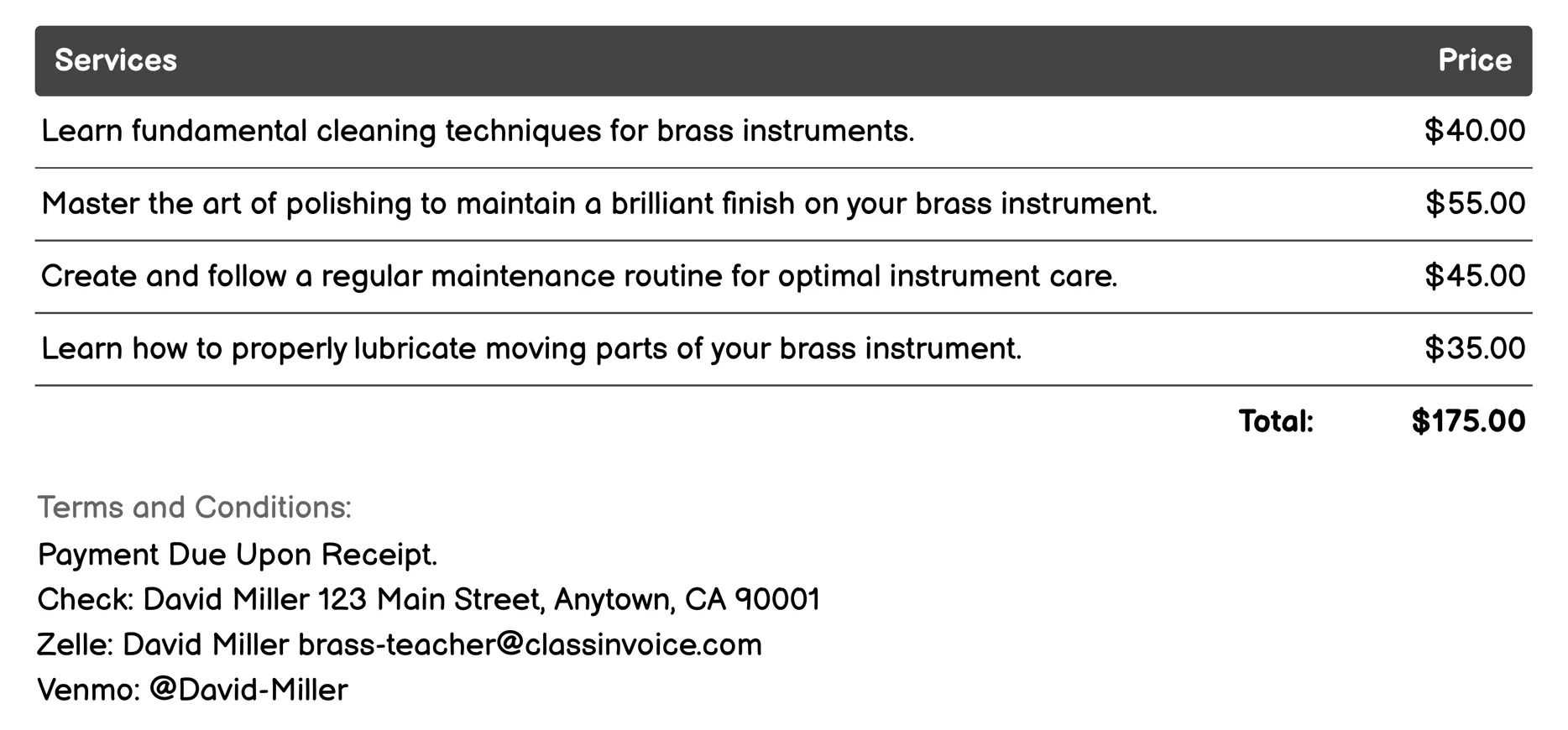 Brass Maintenance and Care Classes Invoice Example