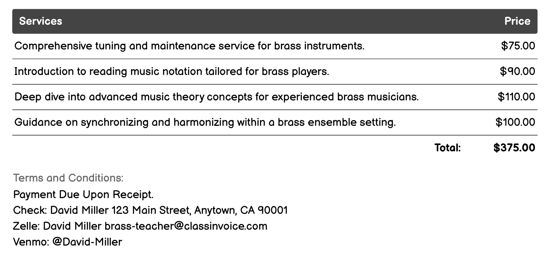 Music Reading Clinics Invoice Example