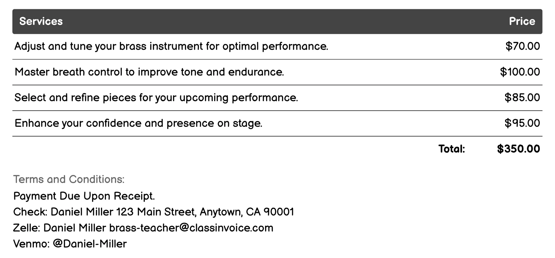 Performance Preparation Invoice Example