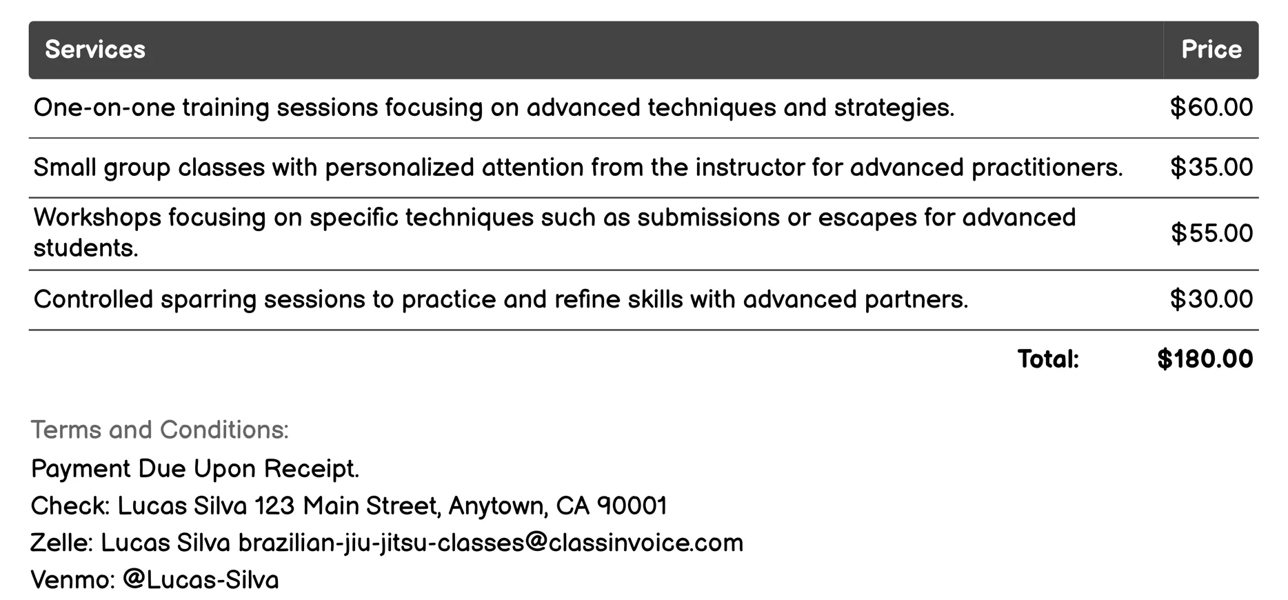 Advanced Classes Invoice Example