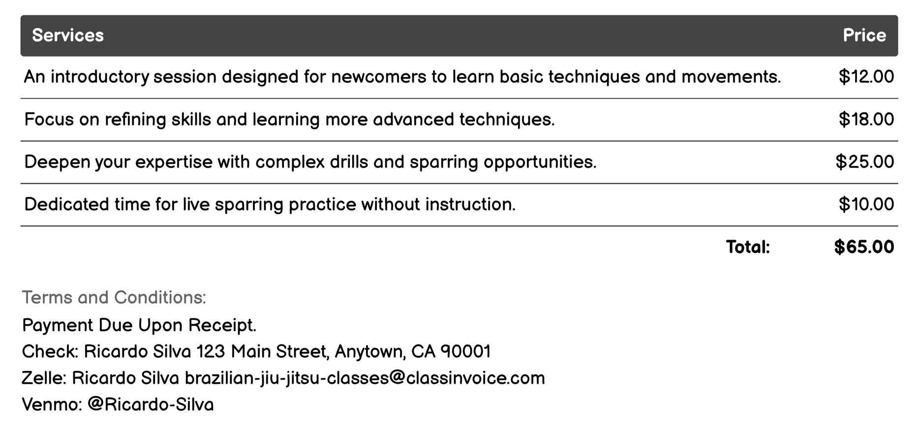 Open Mat Sessions Invoice Example