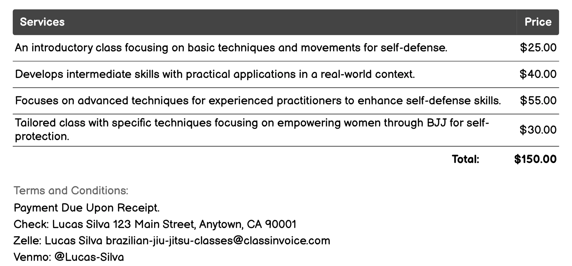 Self-Defense Classes Invoice Example