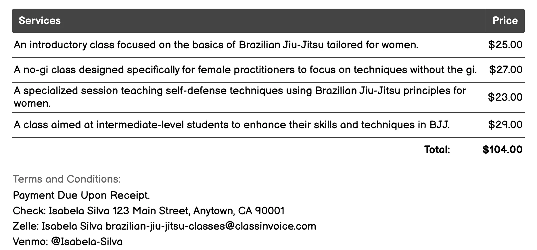 Women's Only Classes Invoice Example