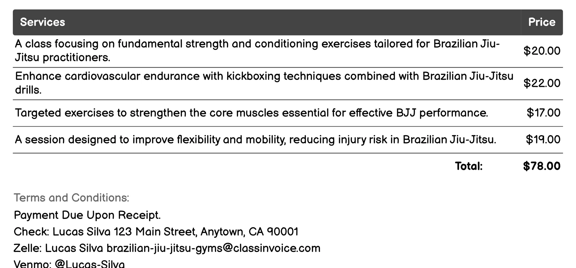 Fitness and Conditioning Classes Invoice Example