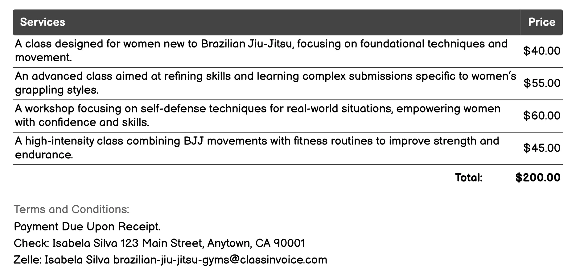 Women-Only Classes Invoice Example