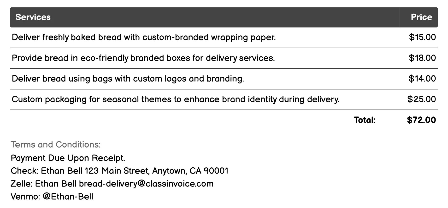 Custom Branding & Packaging Delivery Invoice Example