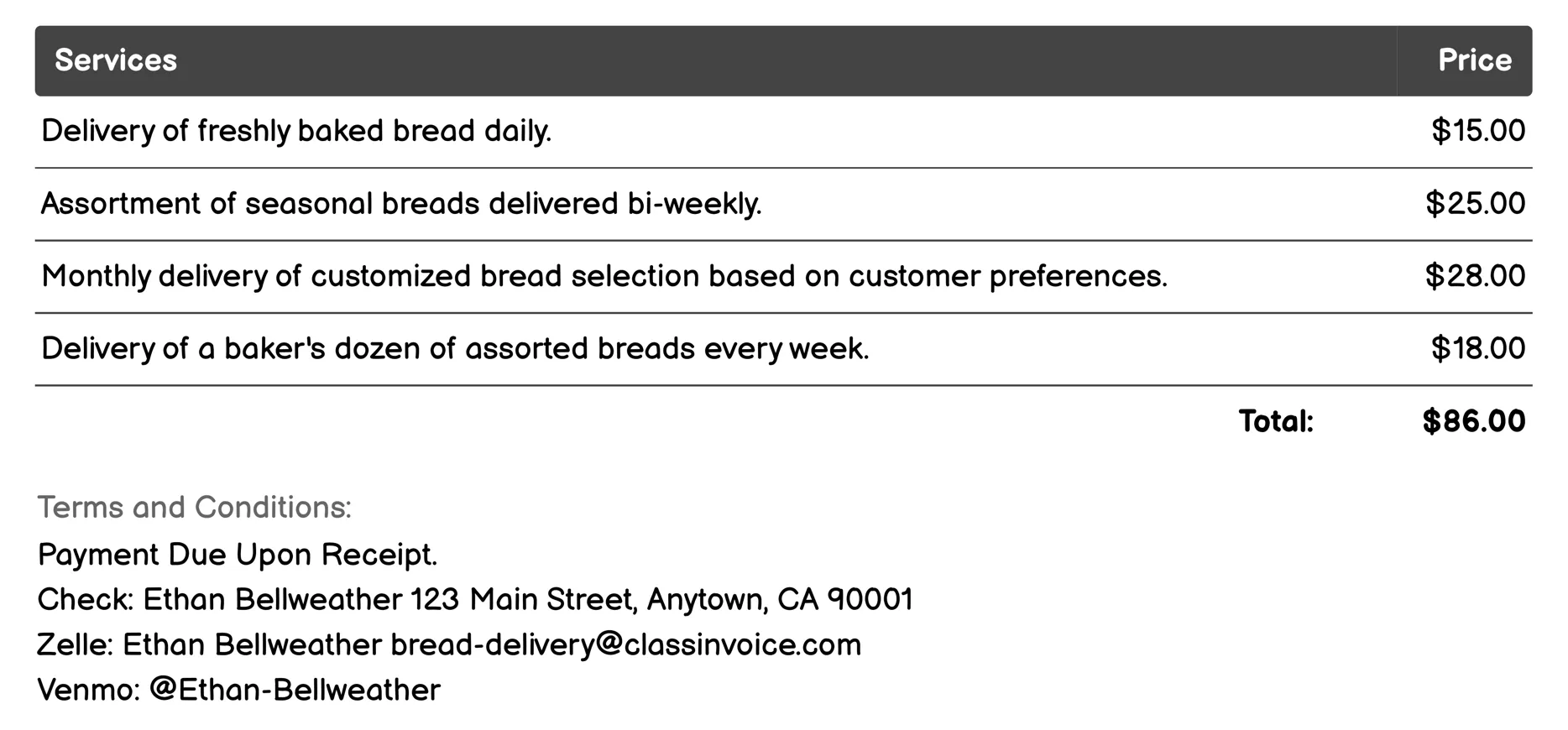 Seasonal Bread Assortment Invoice Example