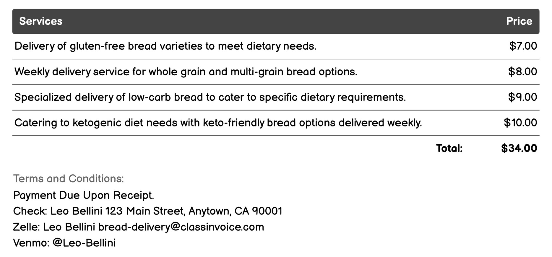 Special Diet Bread Options Invoice Example