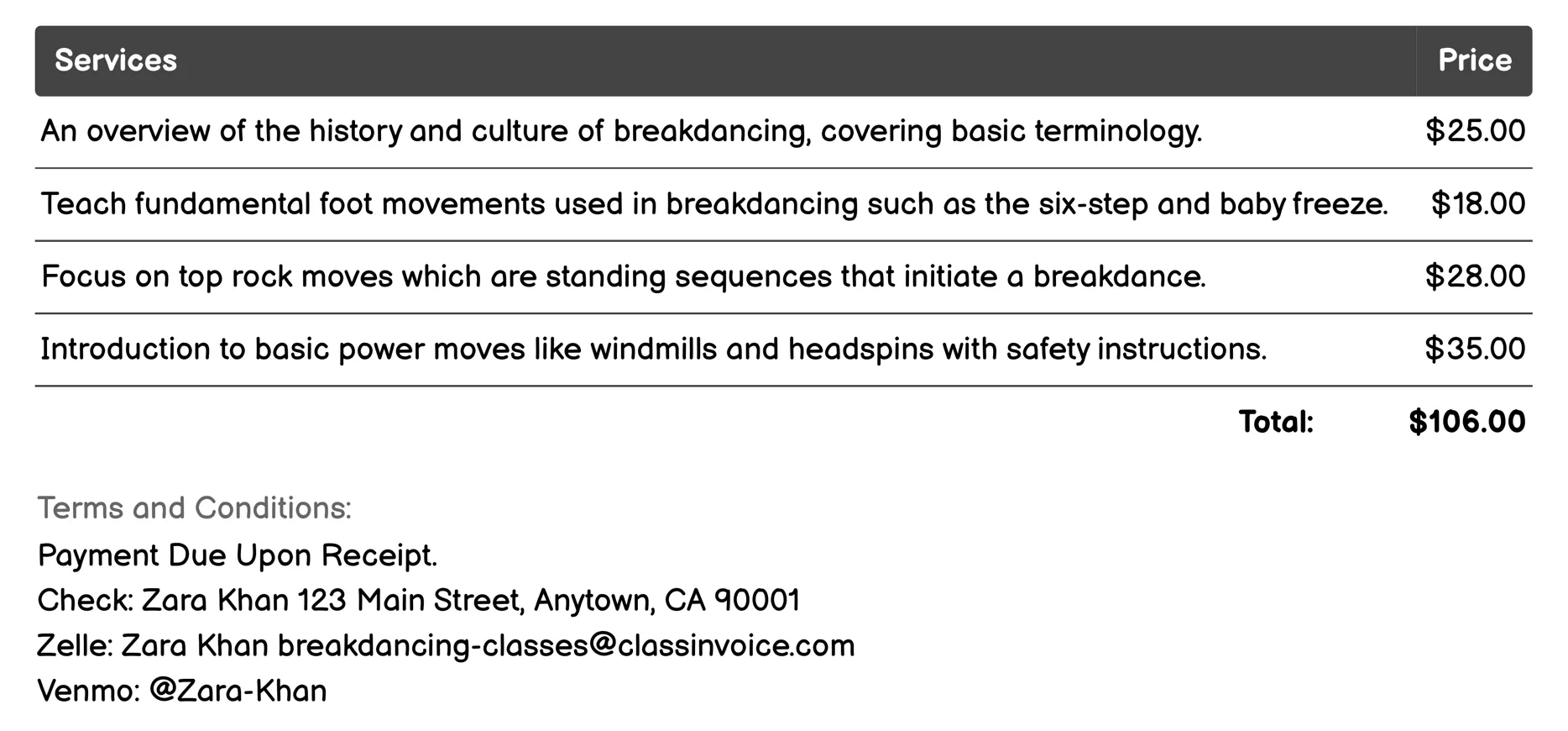 Beginner Breakdancing Class Invoice Example
