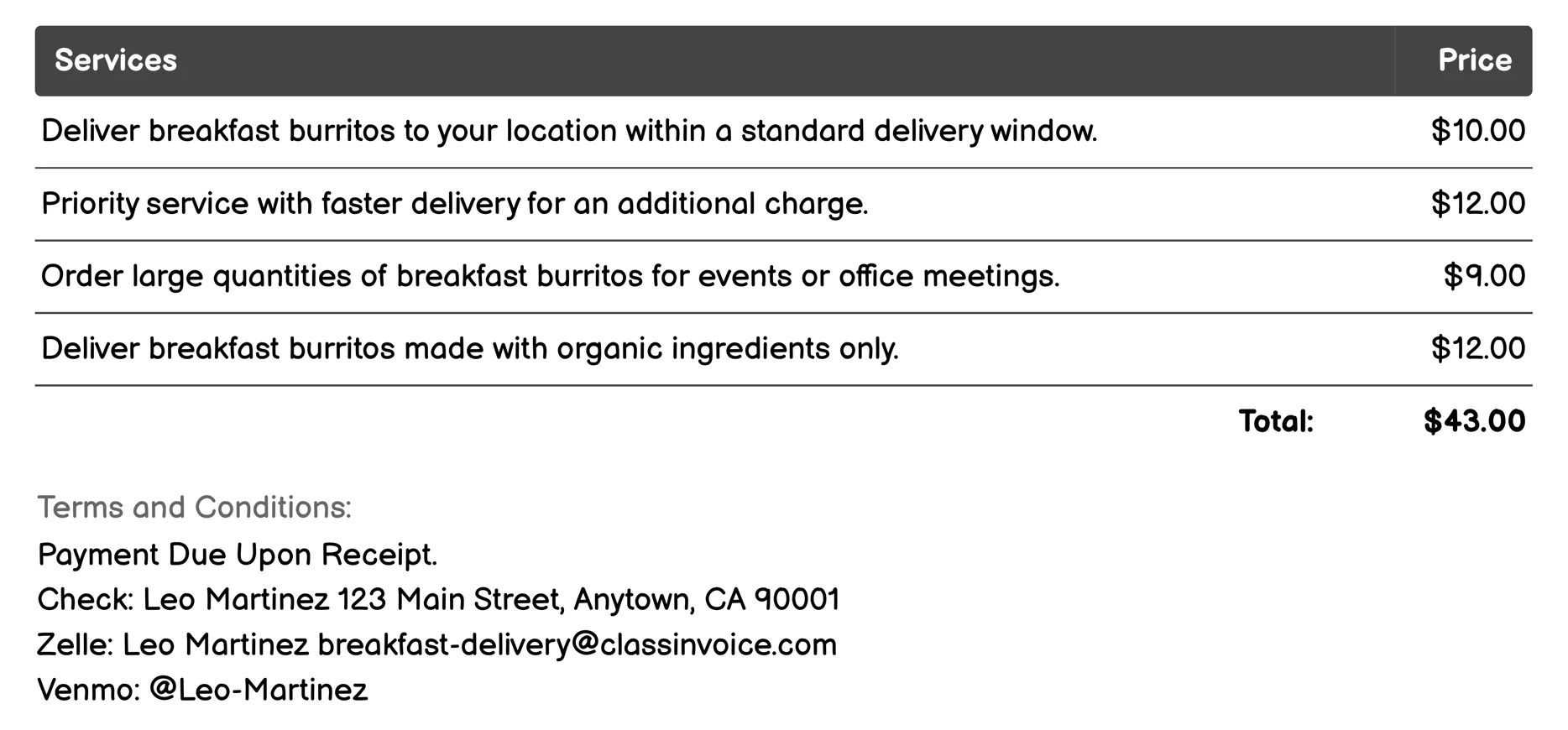 Breakfast Burritos Invoice Example