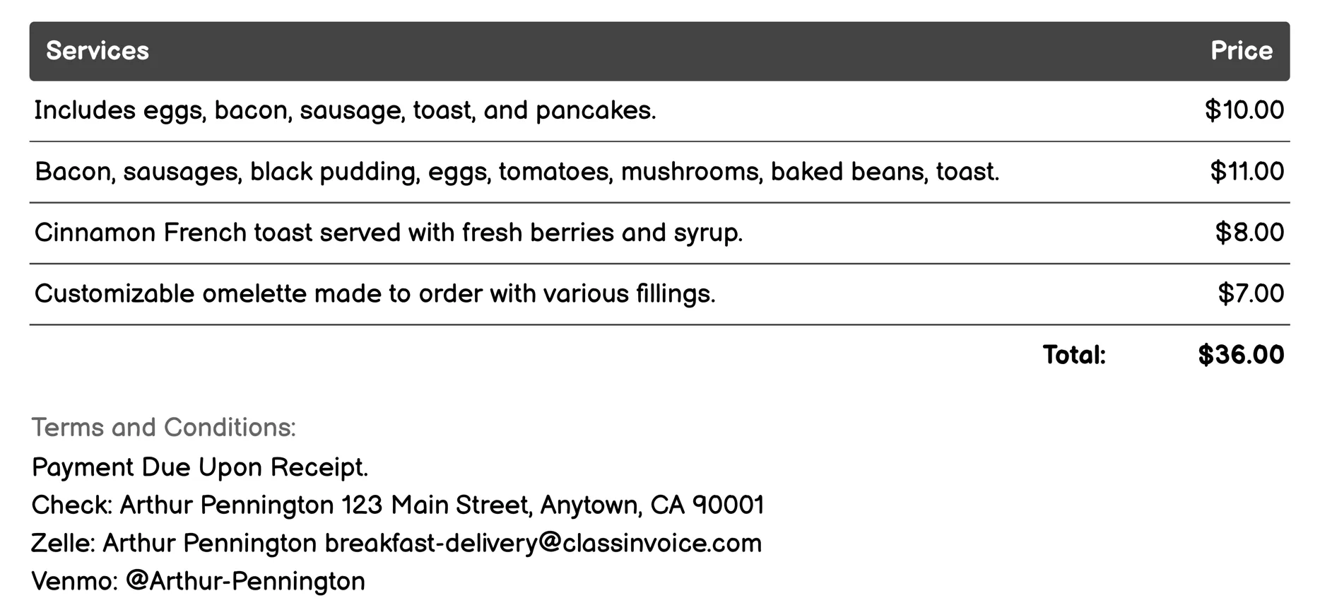 Traditional Breakfast Invoice Example